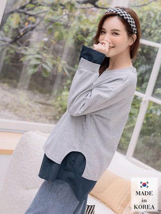 韓國空運。撞色假二件拼接襯棉上衣