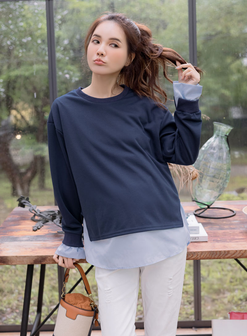 韓國空運。撞色假二件拼接襯棉上衣