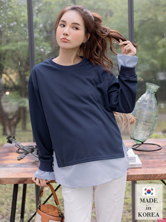 韓國空運。撞色假二件拼接襯棉上衣