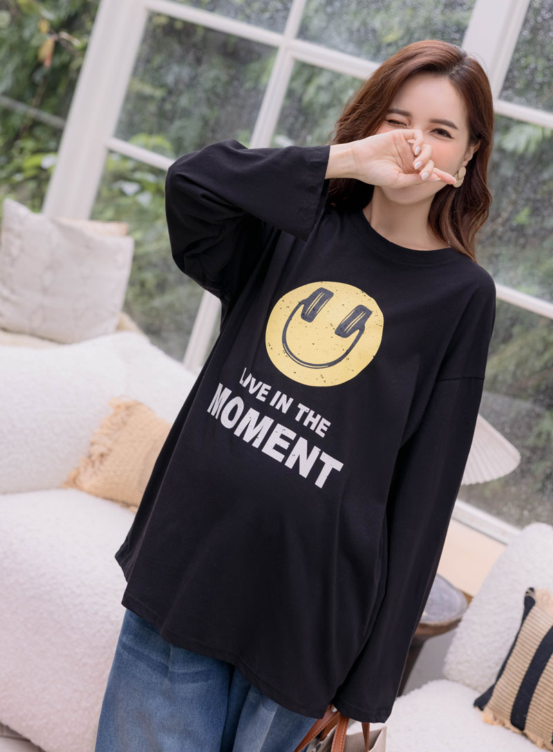 韓國空運。耳機微笑後英字長版棉T