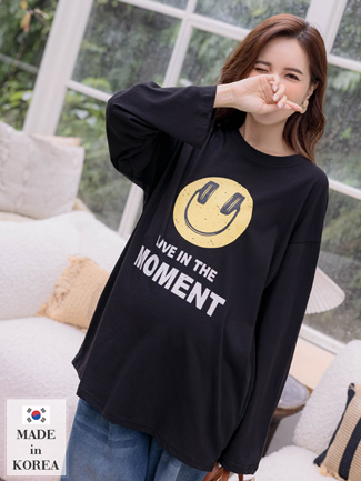 韓國空運。耳機微笑後英字長版棉T