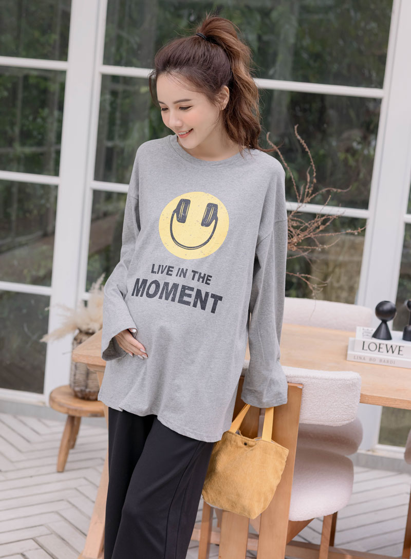 韓國空運。耳機微笑後英字長版棉T