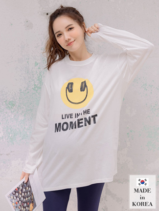 韓國空運。耳機微笑後英字長版棉T