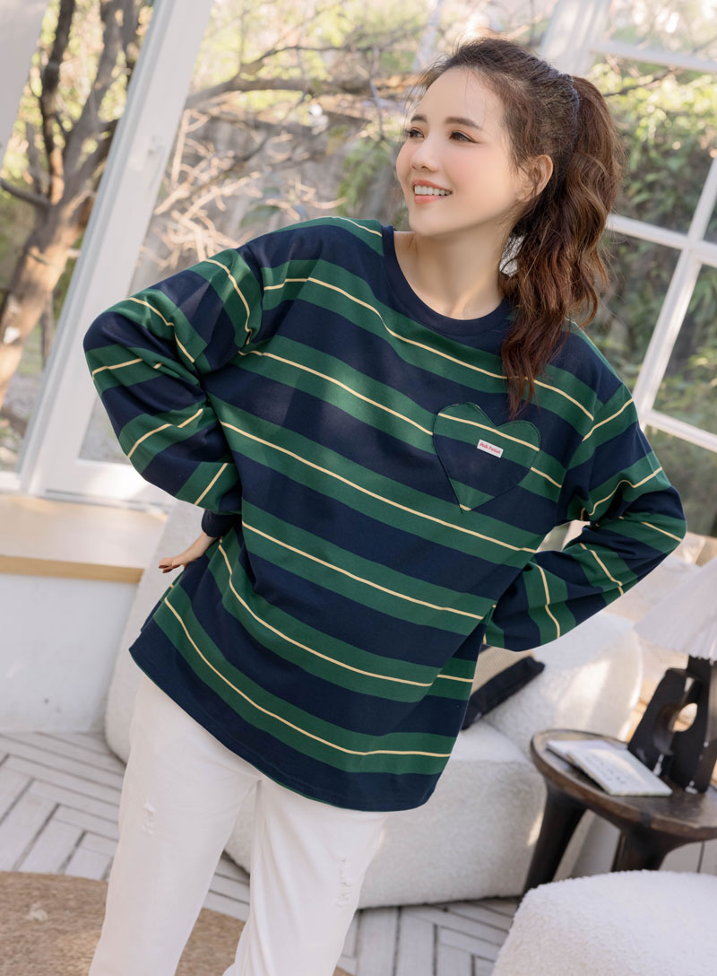 孕婦裝。愛心貼袋多彩條紋棉上衣(薄)