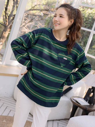 孕婦裝。愛心貼袋多彩條紋棉上衣(薄)