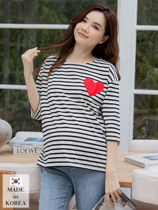 韓國空運。貼繡愛心條紋七分袖棉上衣