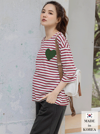 韓國空運。貼繡愛心條紋七分袖棉上衣