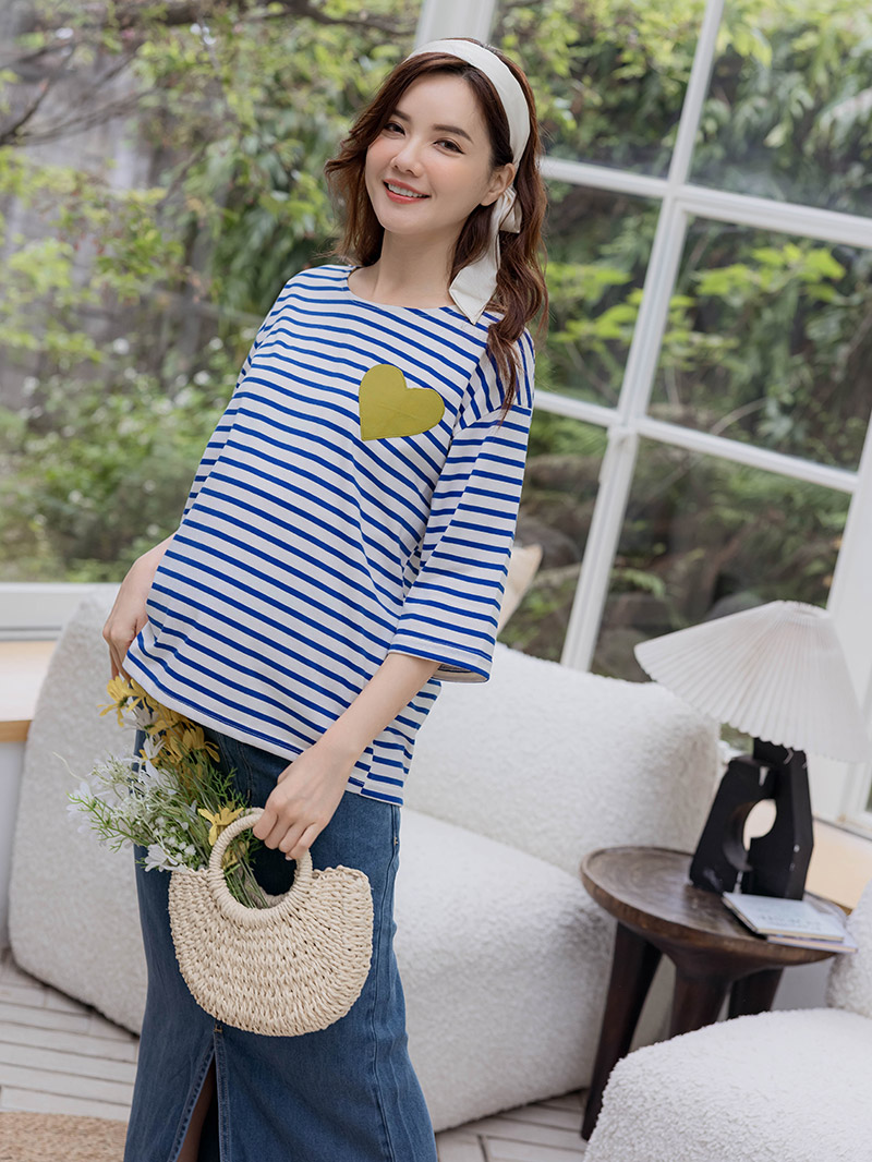 韓國空運。貼繡愛心條紋七分袖棉上衣