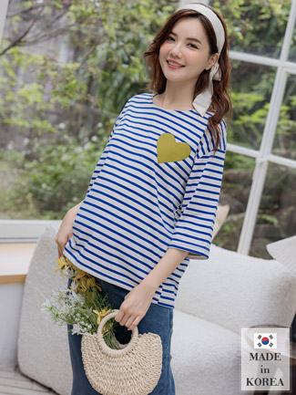 韓國空運。貼繡愛心條紋七分袖棉上衣