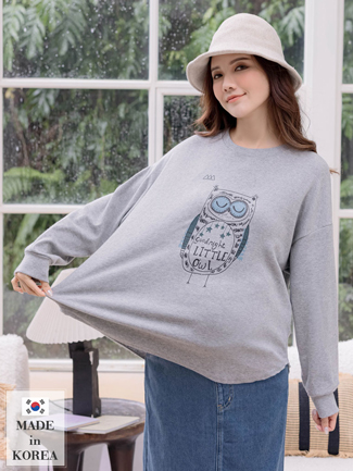 韓國空運。貓頭鷹前短後長磨毛棉T(彈)
