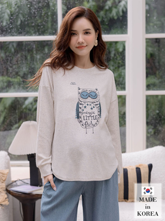 韓國空運。貓頭鷹前短後長磨毛棉T(彈)