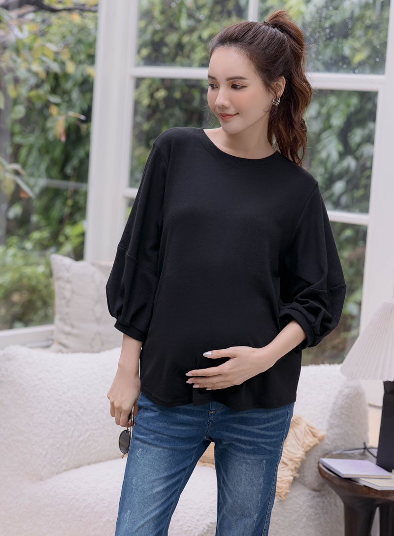 韓國空運。燈籠袖磨毛圓襬棉上衣