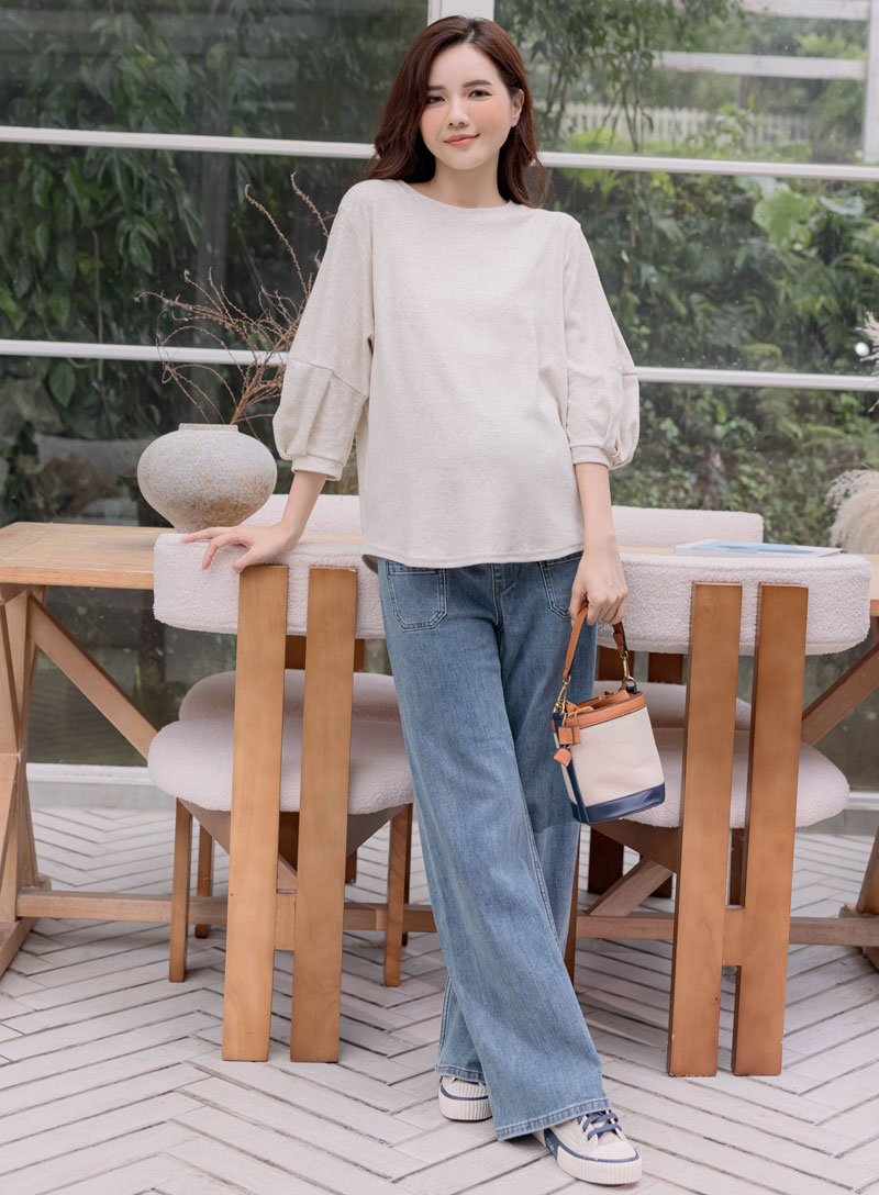 韓國空運。燈籠袖磨毛圓襬棉上衣