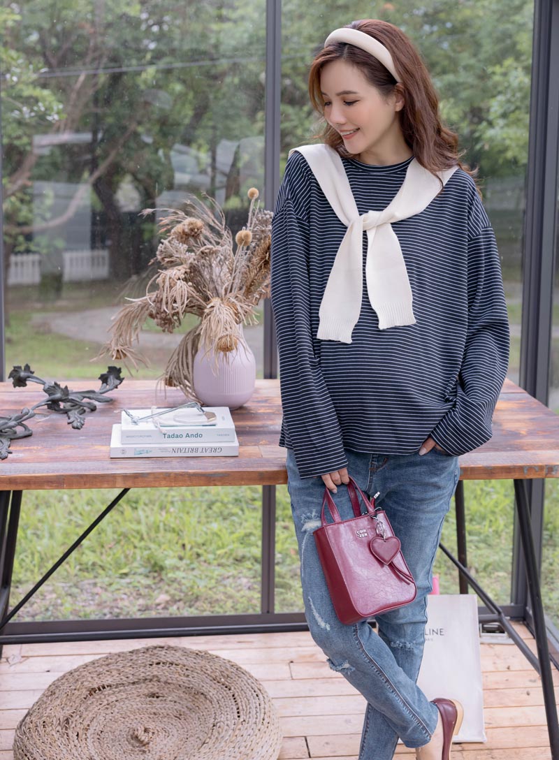 孕婦裝。慕斯羊絨條紋棉T(暖)