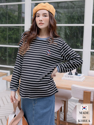 韓國空運。紅帽貓咪條紋磨毛棉T