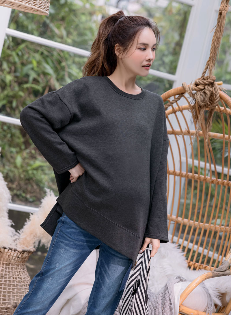 台灣製。斜下襬衩內磨毛長版T(厚暖)