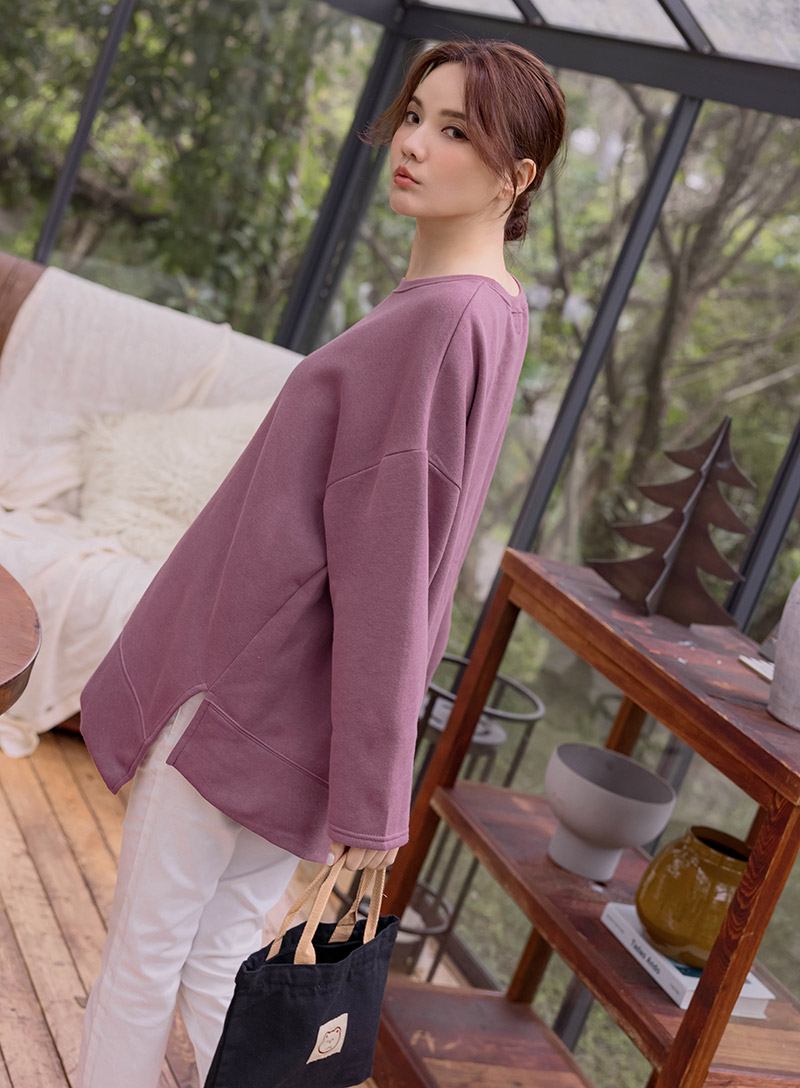 台灣製。斜下襬衩內磨毛長版T(厚暖)