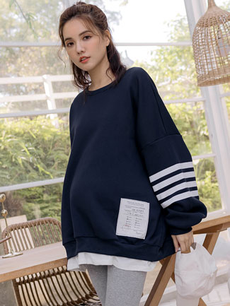 韓國空運。內刷毛布標條紋袖棉T