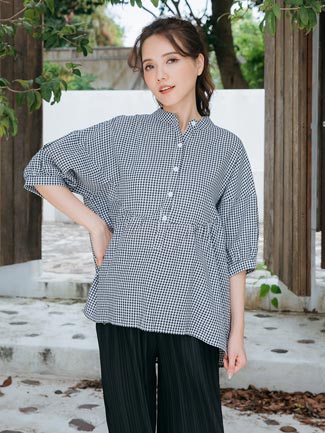 孕婦裝。格紋半襟六分袖娃娃衣衫
