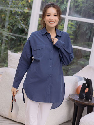 孕婦裝。前雙口袋長袖拉釦長版襯衫