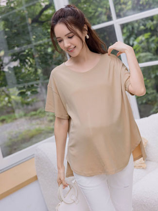 孕婦裝。絲光坑條前圓襬上衣(彈)