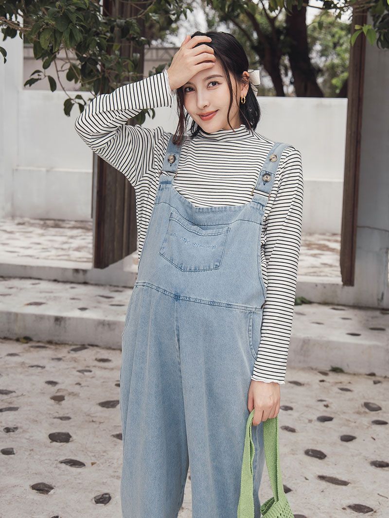 孕婦裝。微立領條紋木耳捲內搭衣