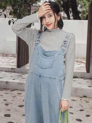 孕婦裝。微立領條紋木耳捲內搭衣