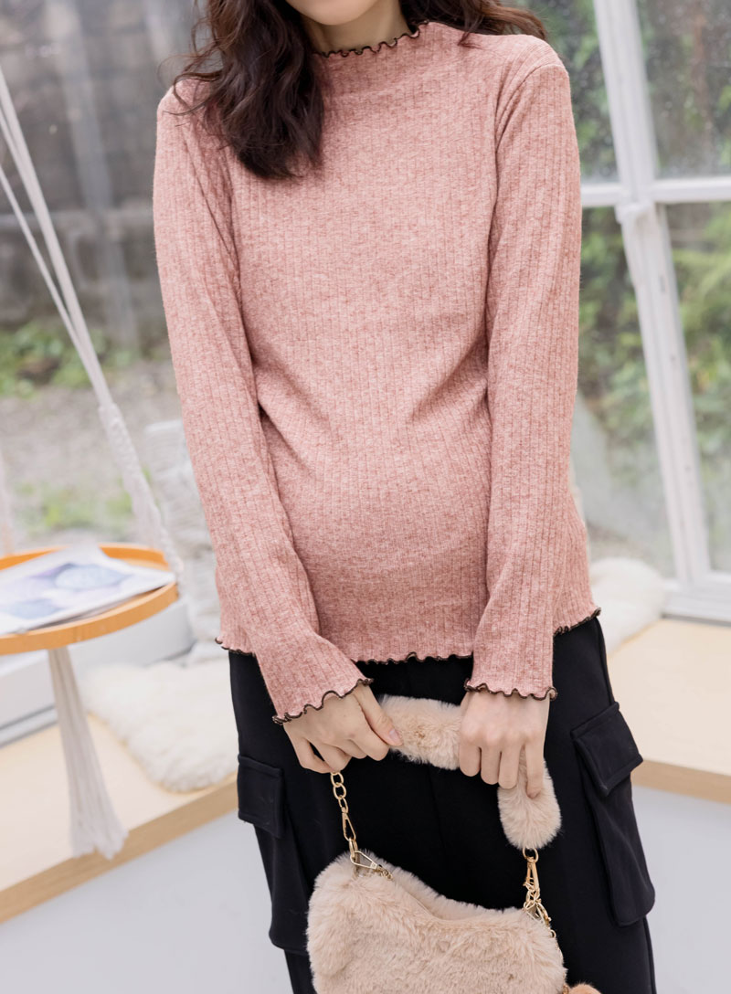 直播推薦。坑條配色木耳邊合身長袖棉T(厚)