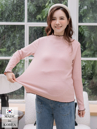 韓國空運。坑條配色木耳邊合身長袖棉T(厚)