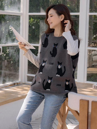 孕婦裝。圓領滿版貓針織背心