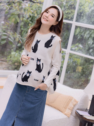 孕婦裝。圓領滿版貓針織背心