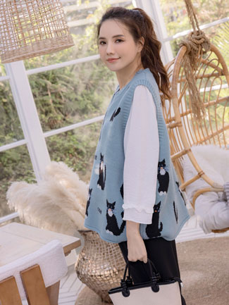 孕婦裝。圓領滿版貓針織背心