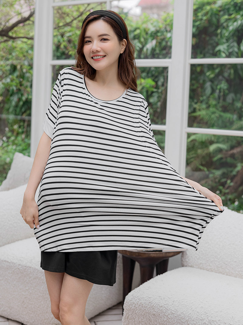 哺乳衣。涼感棉條紋配袖傘狀側掀哺乳衣(薄)
