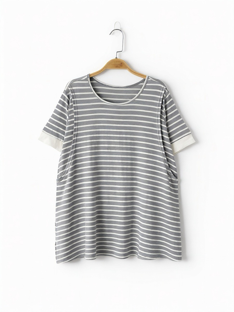 哺乳衣。涼感棉條紋配袖傘狀側掀哺乳衣(薄)