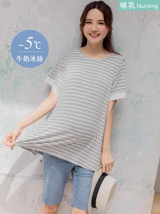 哺乳衣。涼感棉條紋配袖傘狀側掀哺乳衣(薄)