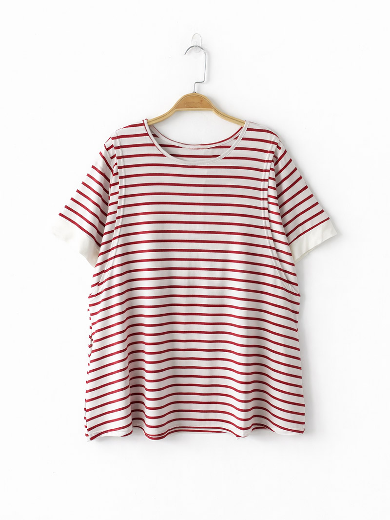 哺乳衣。涼感棉條紋配袖傘狀側掀哺乳衣(薄)