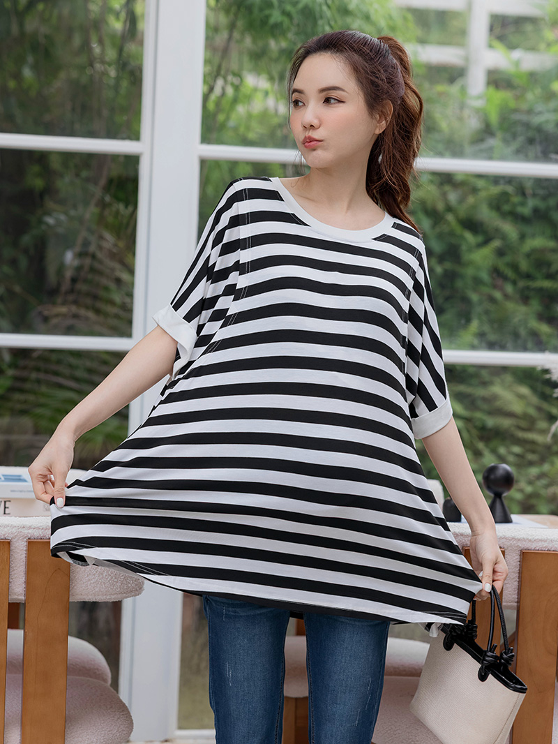 哺乳衣。涼感棉寬條傘狀側掀哺乳衣(薄)