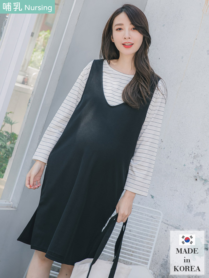 韓國空運。羅紋內條假二件吊帶裙哺乳洋