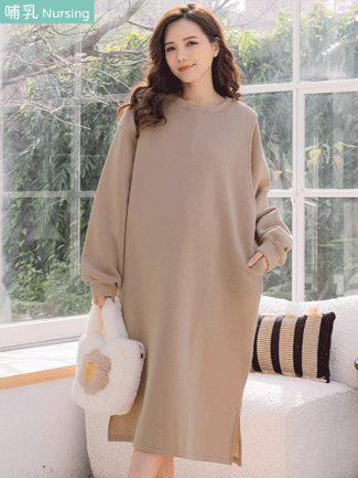 哺乳裝。側掀內磨毛側袋哺乳長洋(暖厚)