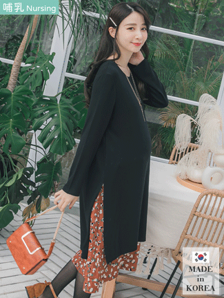 韓國空運。針織拼接雪紡花朵哺乳洋