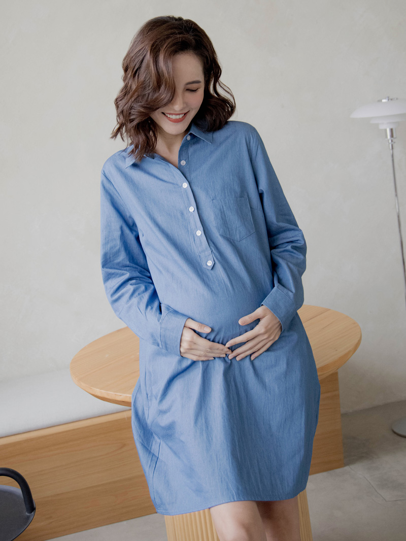 哺乳裝。水洗牛仔襯衫式哺乳短洋