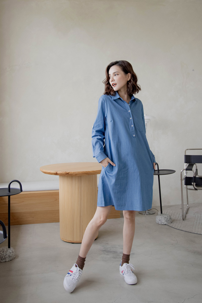 哺乳裝。水洗牛仔襯衫式哺乳短洋