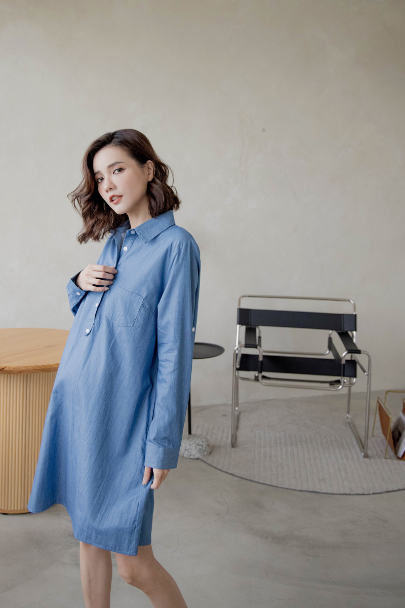 哺乳裝。水洗牛仔襯衫式哺乳短洋