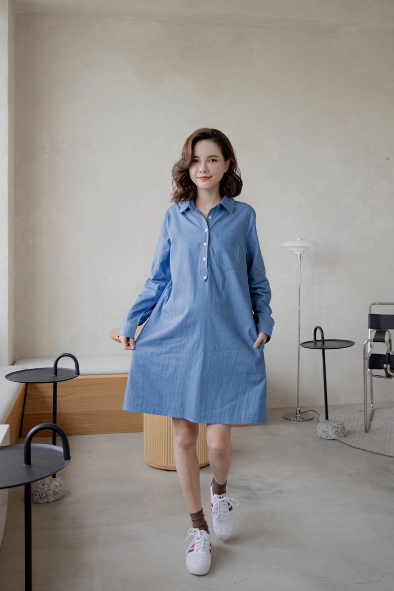 哺乳裝。水洗牛仔襯衫式哺乳短洋