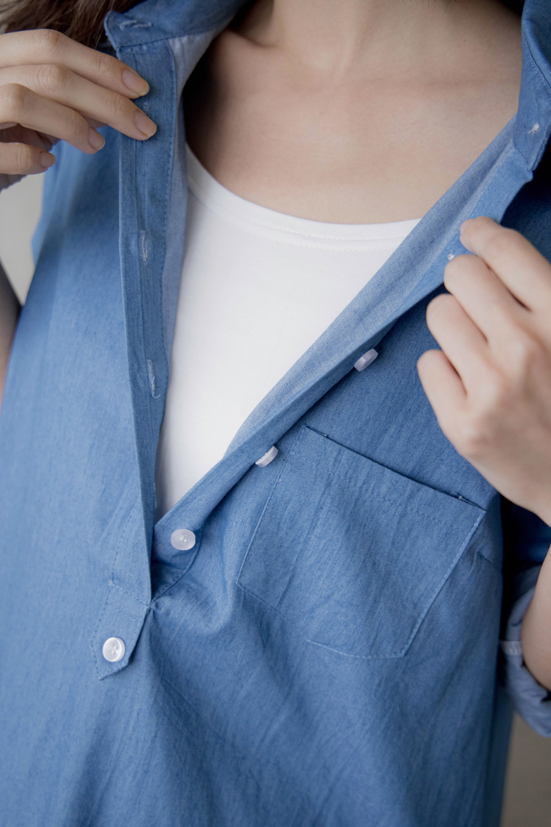 哺乳裝。水洗牛仔襯衫式哺乳短洋