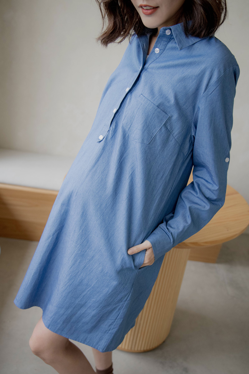 哺乳裝。水洗牛仔襯衫式哺乳短洋