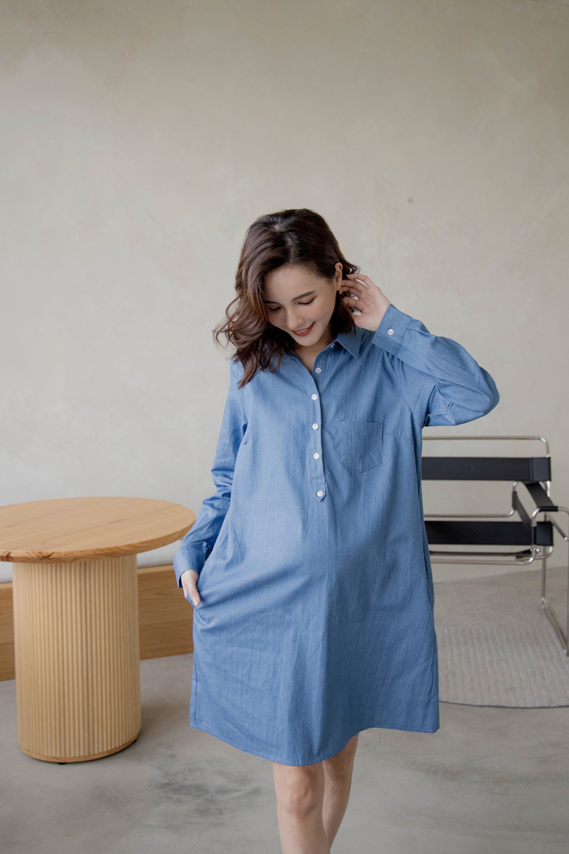 哺乳裝。水洗牛仔襯衫式哺乳短洋