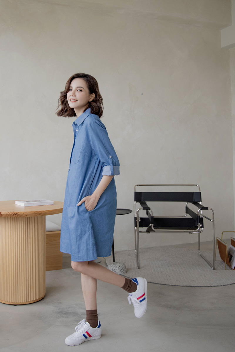 哺乳裝。水洗牛仔襯衫式哺乳短洋