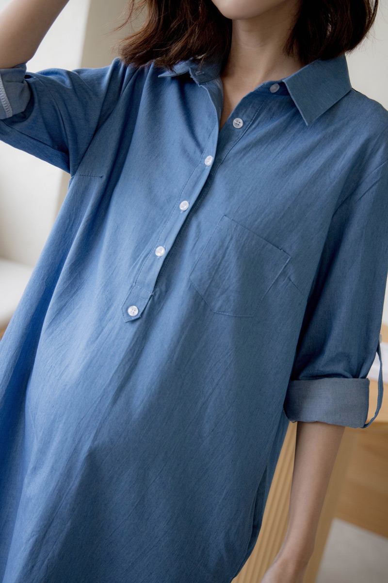 哺乳裝。水洗牛仔襯衫式哺乳短洋