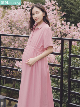 哺乳裝。前開釦高腰側繫繩哺乳洋
